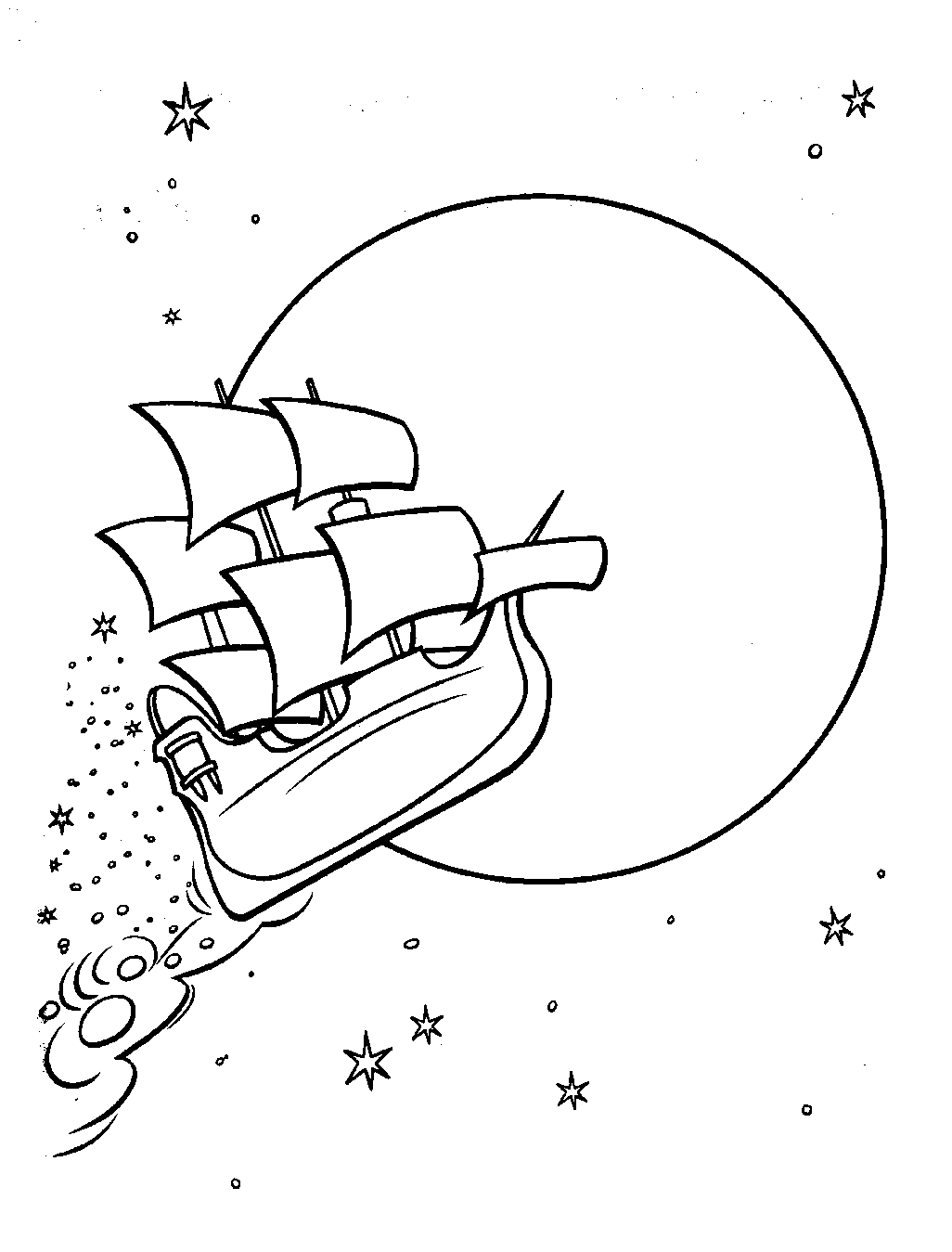 Desenho de Navio Pirata Voando em Frente a Lua para Colorir