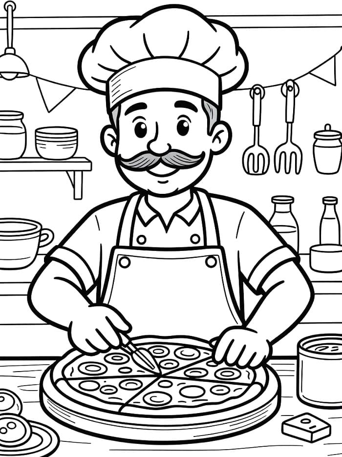 Desenho de um Pizzaiolo Feliz para Colorir