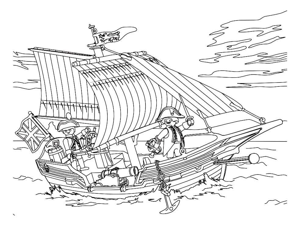 Desenho de Playmobil Navio no Mar Imprimivel para Pintar e Colorir