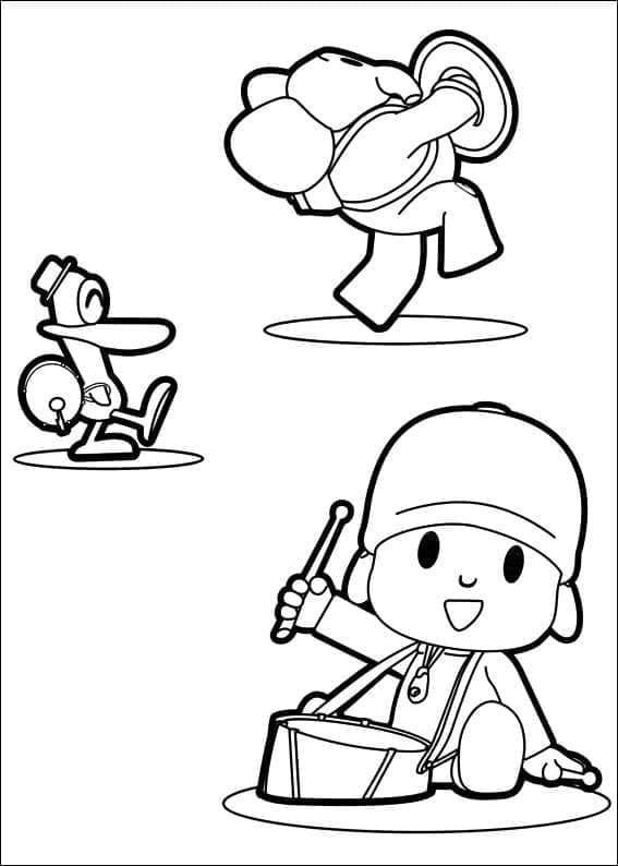 Desenho de Pocoyo com Pato e Elly para Colorir