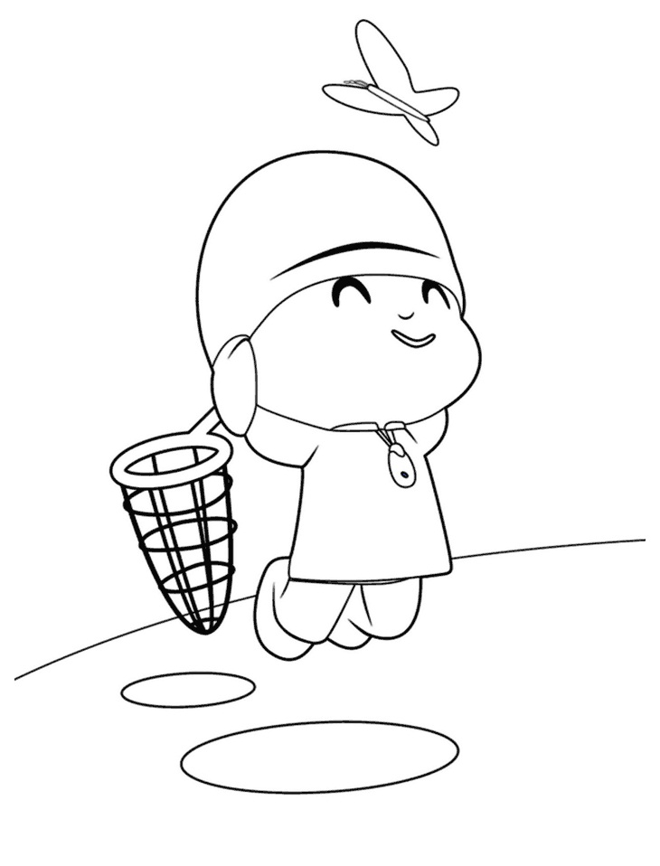 Desenho de Pocoyo Brincando com Borboleta no Jardim para Pintar