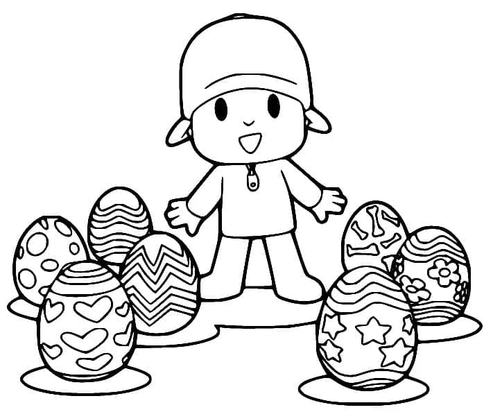 Desenho de Pocoyo e Ovos de Páscoa para Colorir