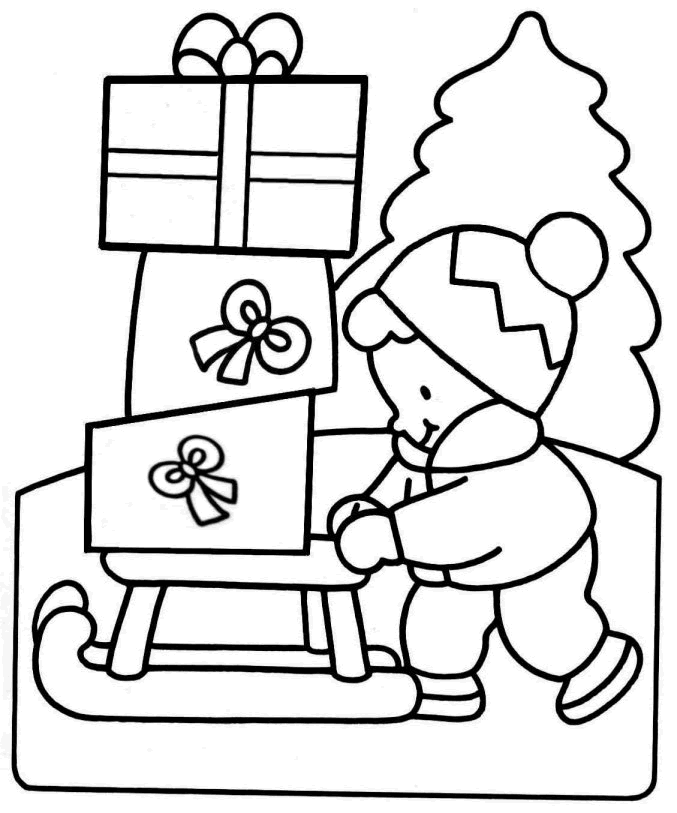 Desenho de Criança Carregando Presente em Trenó para Colorir com Tinta Guache Pdf