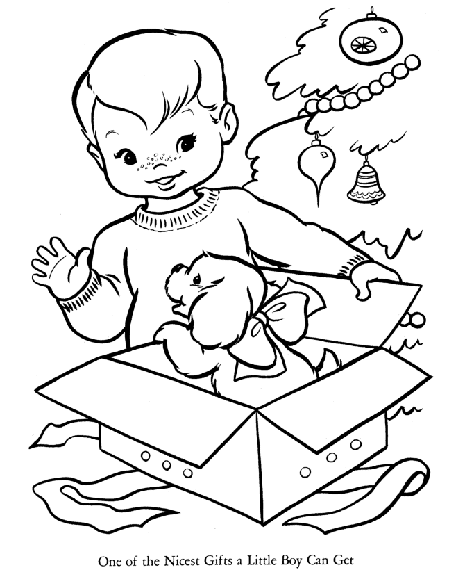 Desenho de Menino Ganhando Cachorro Fofo de Presente para Colorir Imprimivel