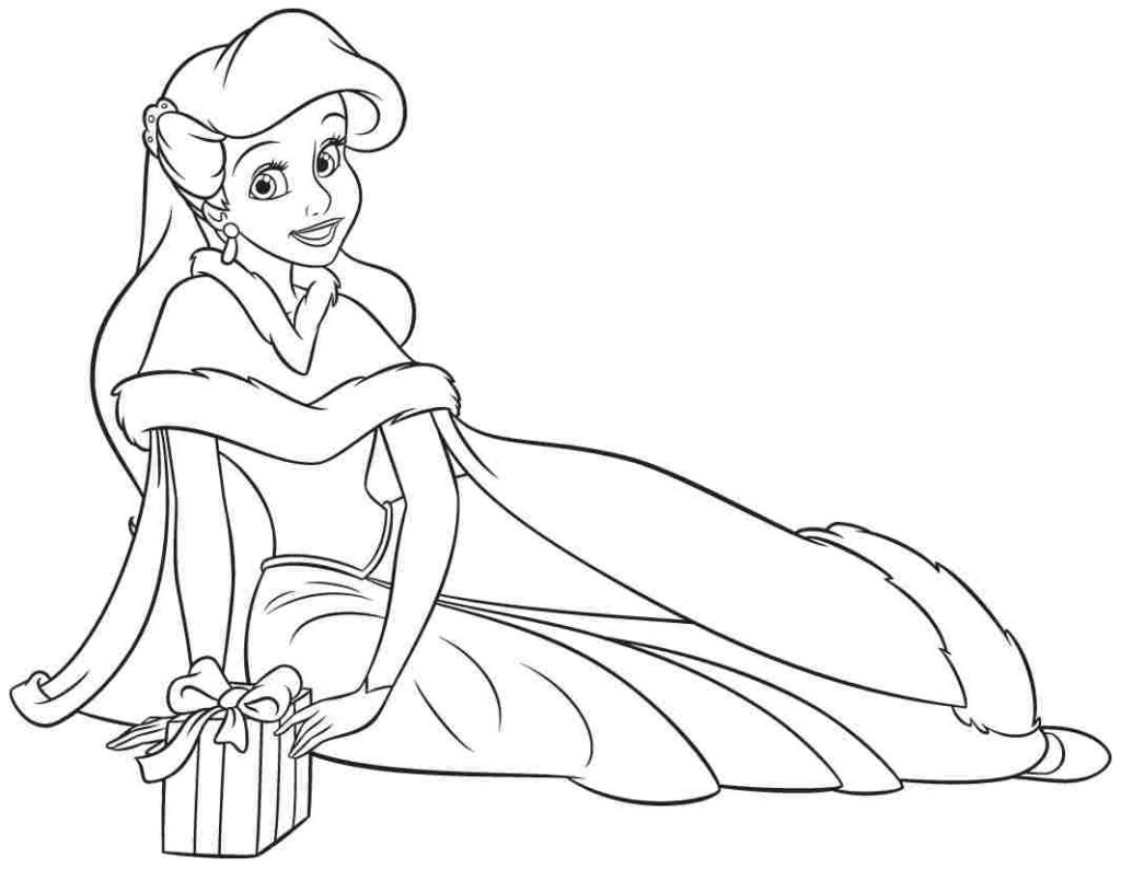 Desenho de Princesa Ariel Segurando um Presente para Colorir