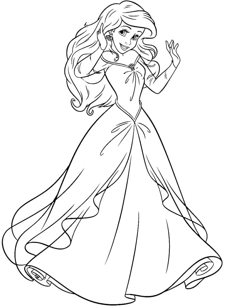 Desenho de Princesa Ariel Usando Lindo Vestido de Festa para Colorir