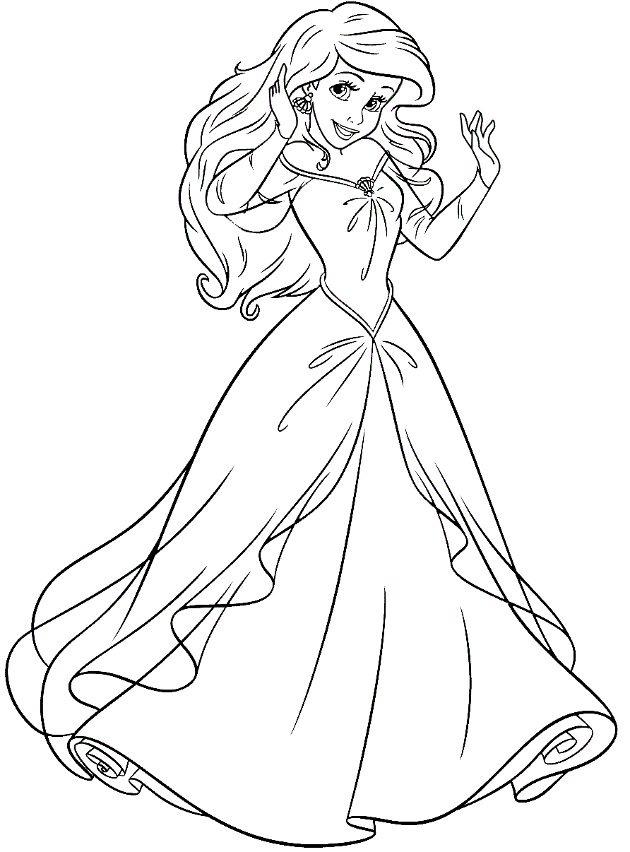 Desenho de Princesa Ariel Usando Lindo Vestido de Festa para Colorir