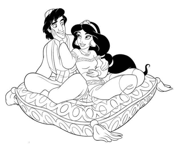 Desenho Aladdin e Jasmine no Tapete para Colorir e Imprimir