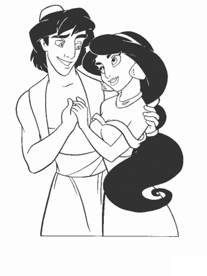 Desenho Aladdin e Princesa Jasmine abraçados para Colorir e Imprimir