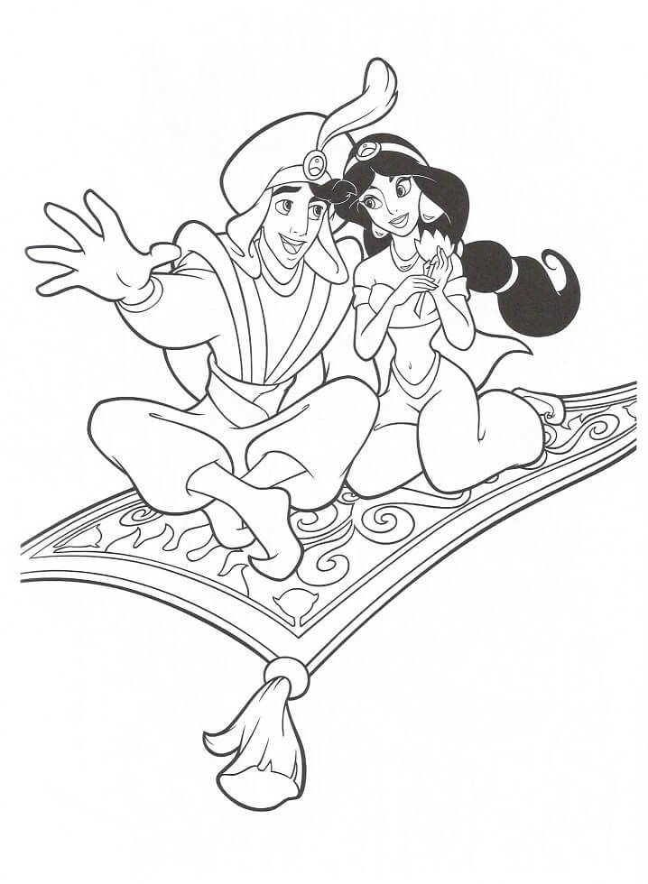 Desenho Aladdin Jasmine e gênio no Tapete para Colorir e Imprimir
