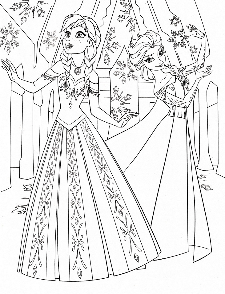 Desenho Anna e Elsa no palácio de Gelo para Colorir e Imprimir