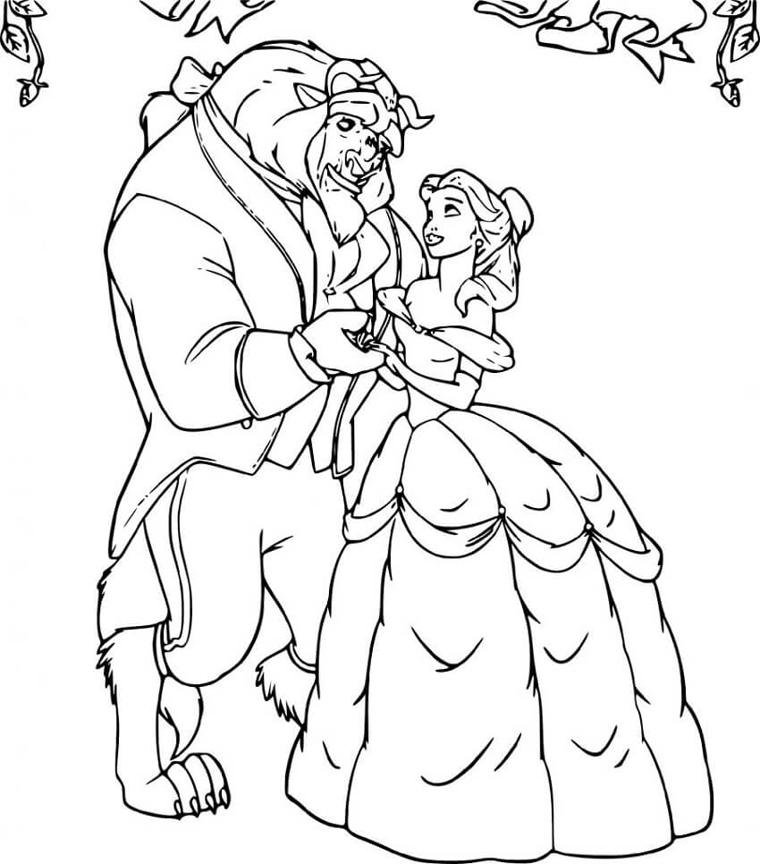Desenho Bela e Fera em pé para Colorir e Imprimir