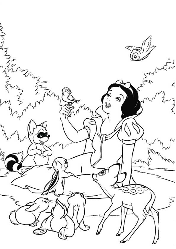Desenho Branca de Neve com Animais da Floresta para Colorir e Imprimir