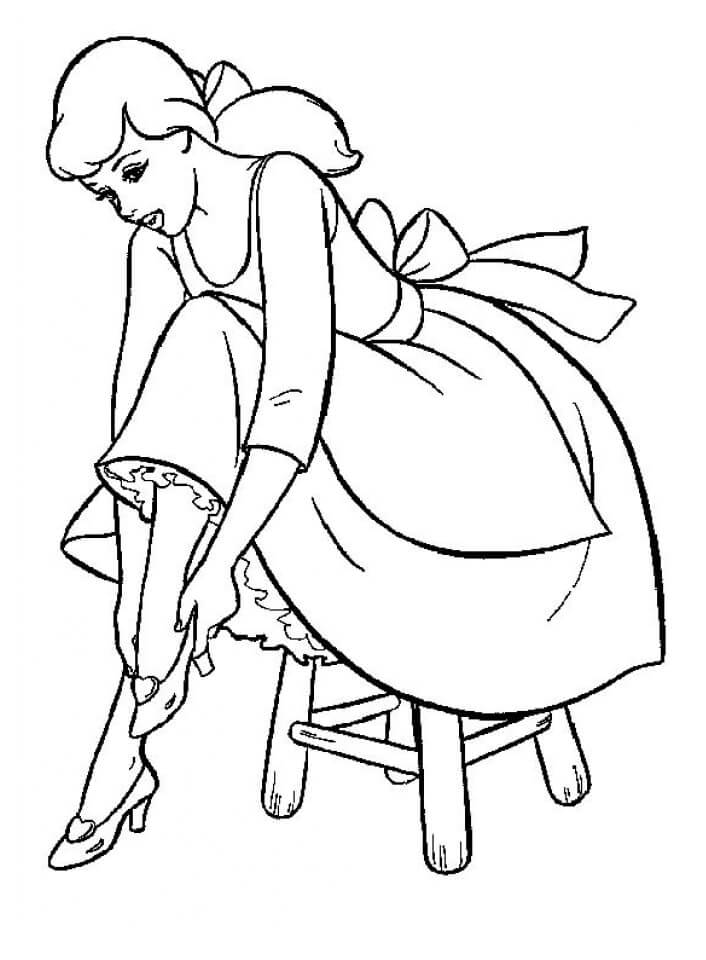 Desenho Cinderela Calando Sapato para Colorir e Imprimir