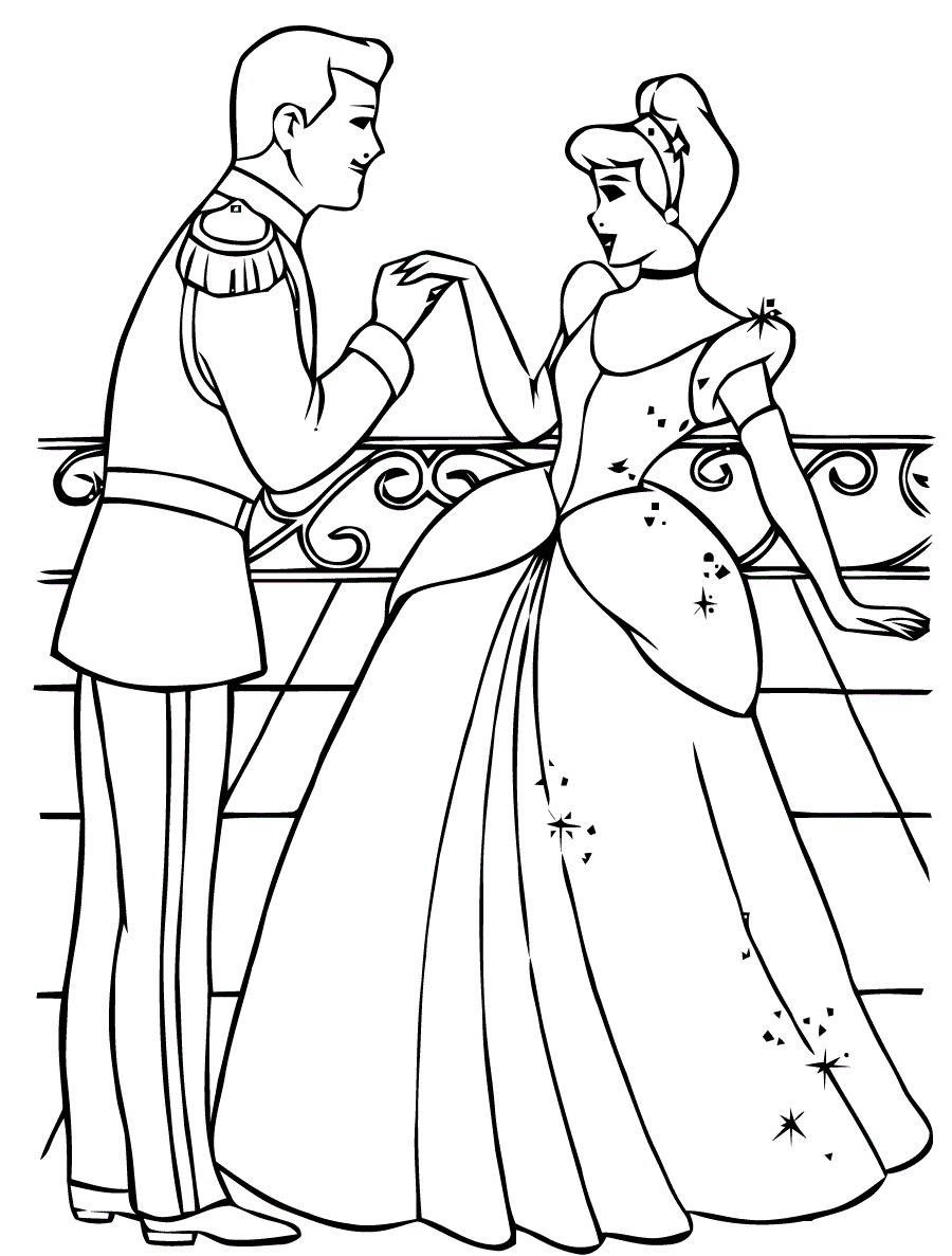Desenho Cinderela com príncipe no Baile para Colorir e Imprimir
