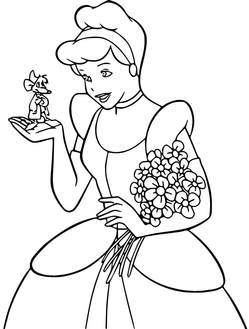 Desenho Cinderela com Ratos e pássaros para Colorir e Imprimir