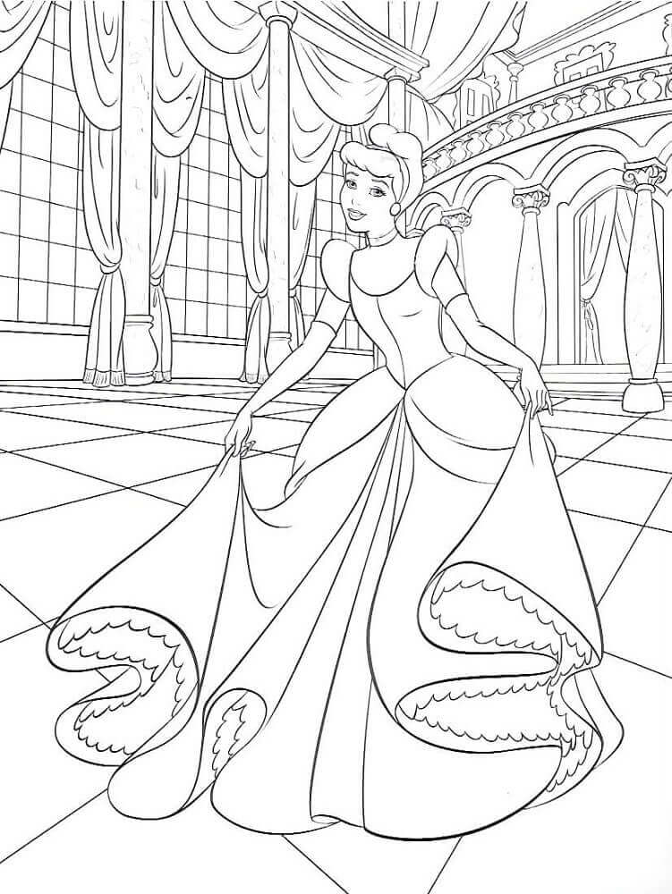 Desenho Cinderela no salão do palácio para Colorir e Imprimir