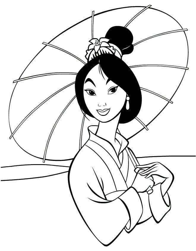 Desenho Mulan com guardá Chuva para Colorir e Imprimir