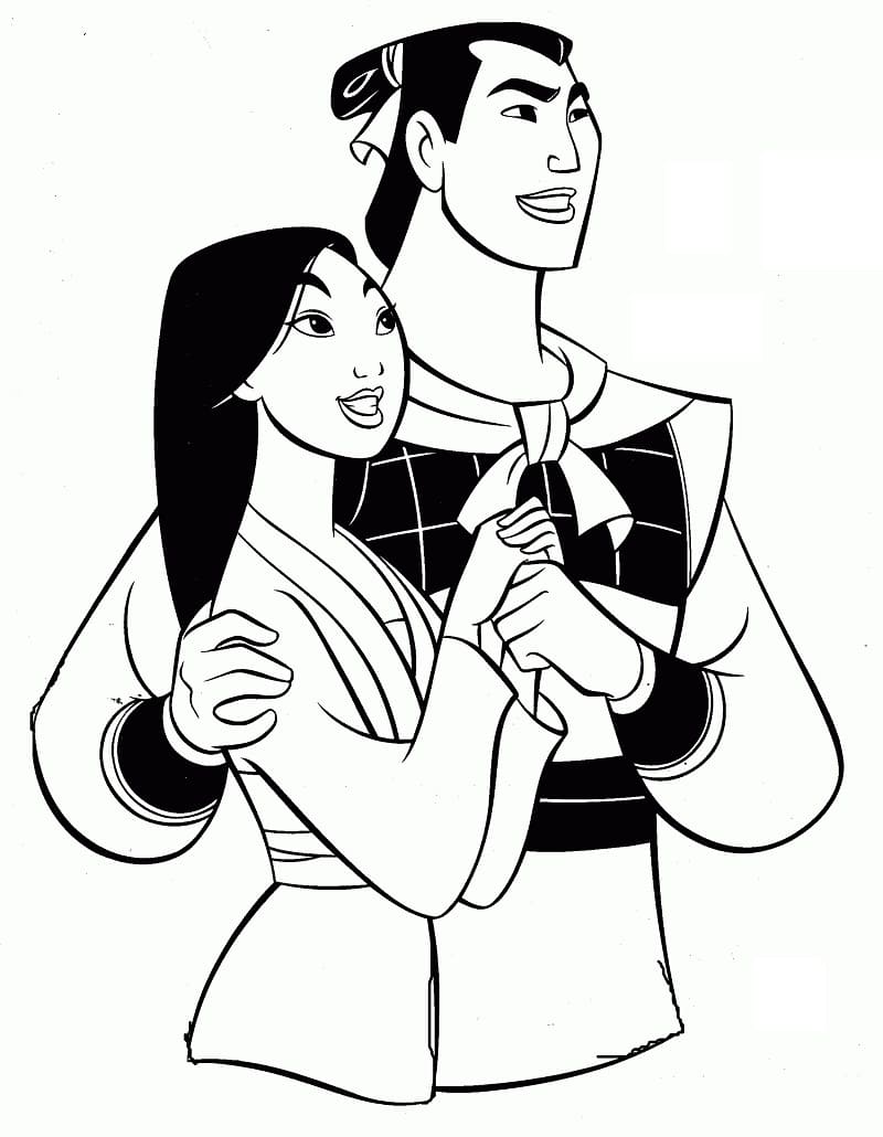 Desenho Mulan e Li Shang Juntos para Colorir e Imprimir