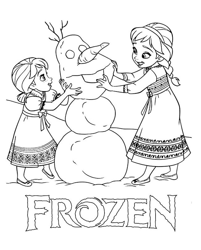 Desenho Pequena Anna e Elsa com Boneco de Neve para Colorir e Imprimir