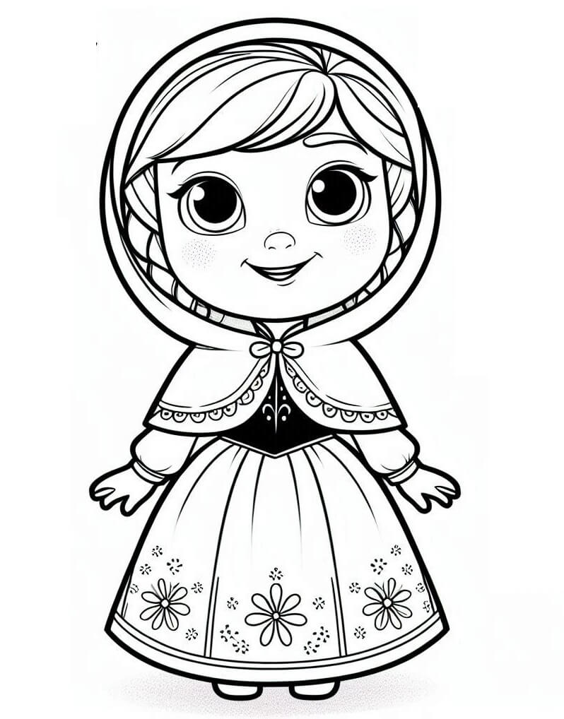 Desenho Princesa Anna Pequena com Vestido para Colorir e Imprimir