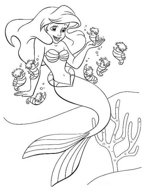 Desenho Princesa Ariel com Cavalos Marinhos para Colorir e Imprimir