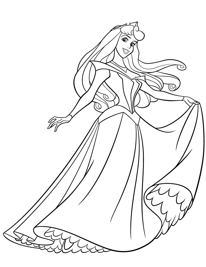 Desenho Princesa Aurora com Vestido Rodado para Colorir e Imprimir