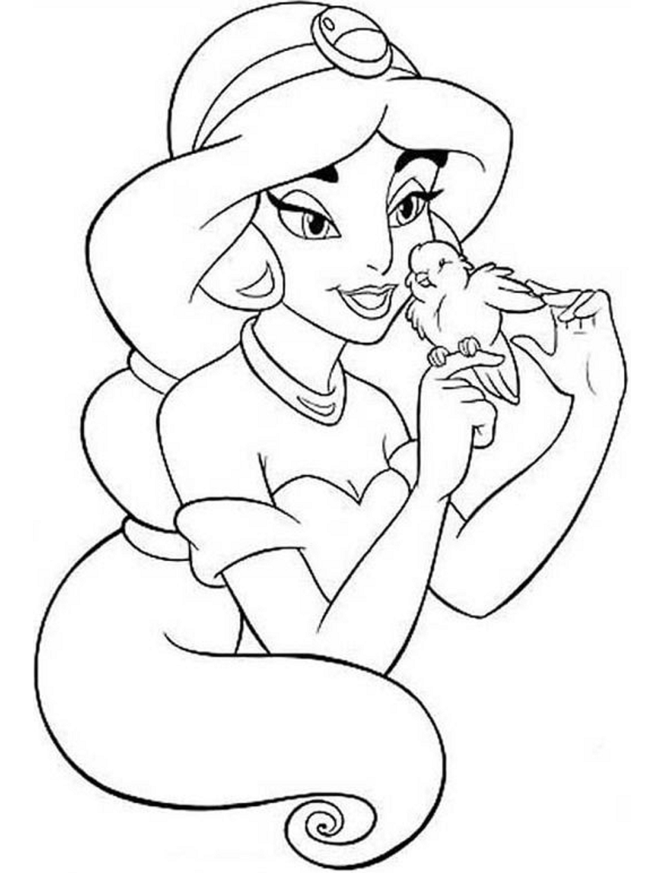 Desenho Princesa Jasmine com pássaro para Colorir e Imprimir