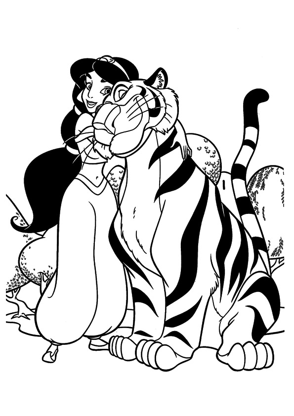 Desenho Princesa Jasmine com Rajah para Colorir e Imprimir