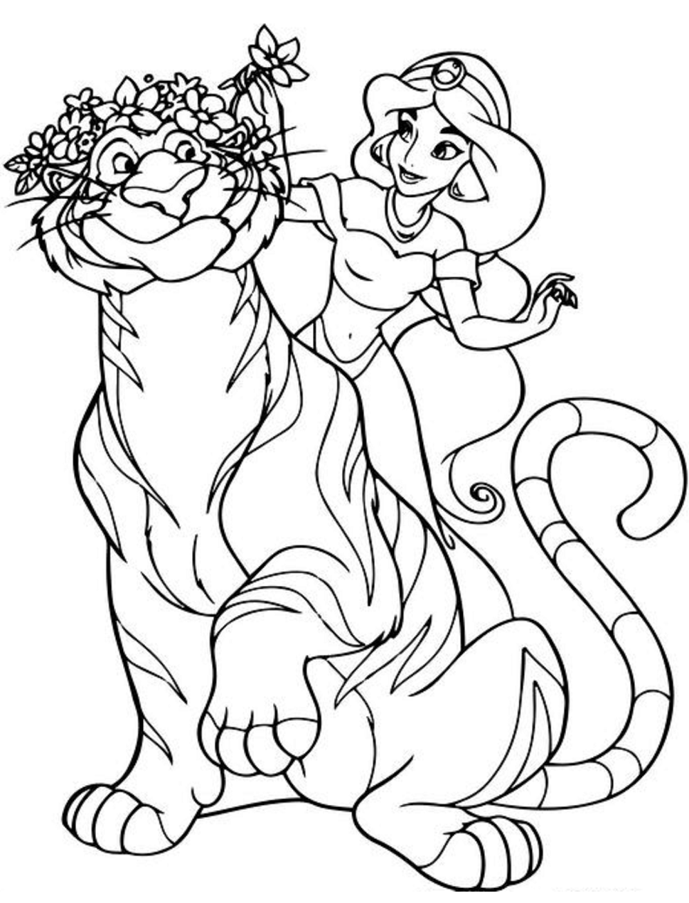 Desenho Princesa Jasmine e Rajah abraçados para Colorir e Imprimir