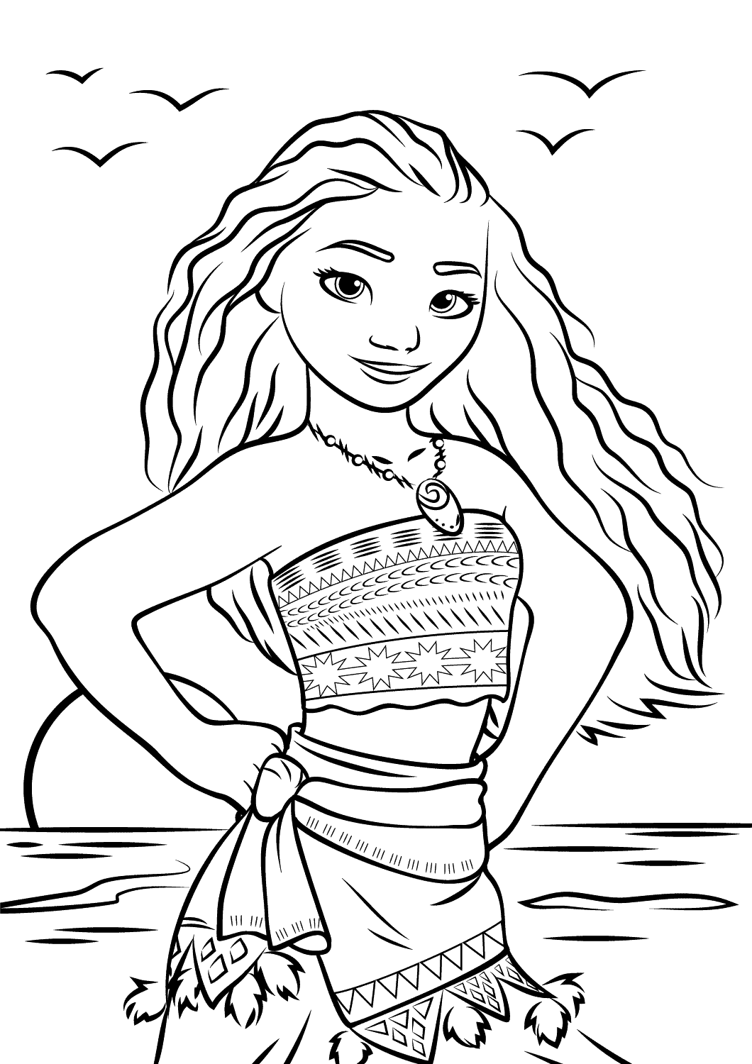 Desenho Princesa Moana na Praia para Colorir e Imprimir