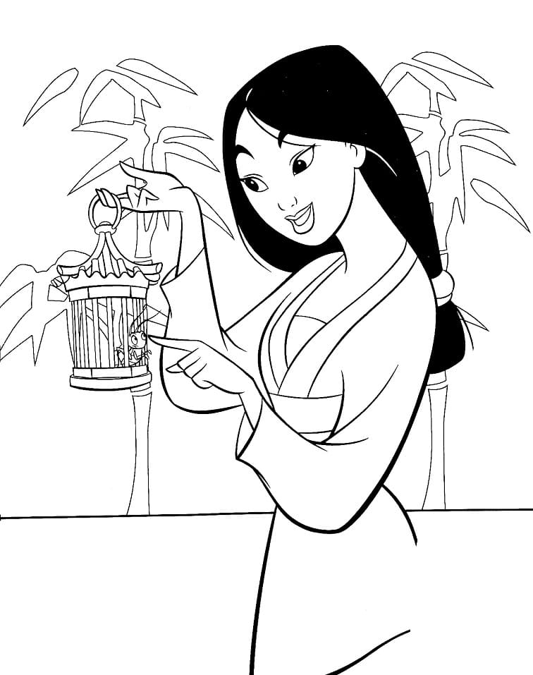 Desenho Princesa Mulan com Gri Li para Colorir e Imprimir