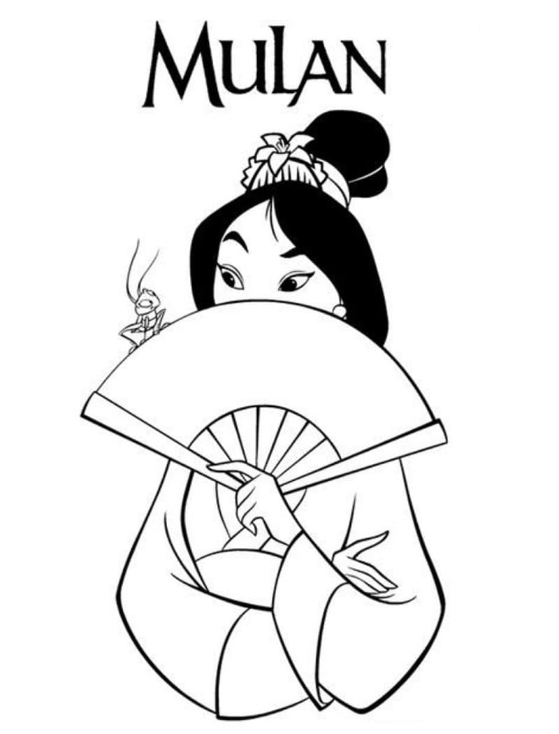 Desenho Princesa Mulan com Leque para Colorir e Imprimir