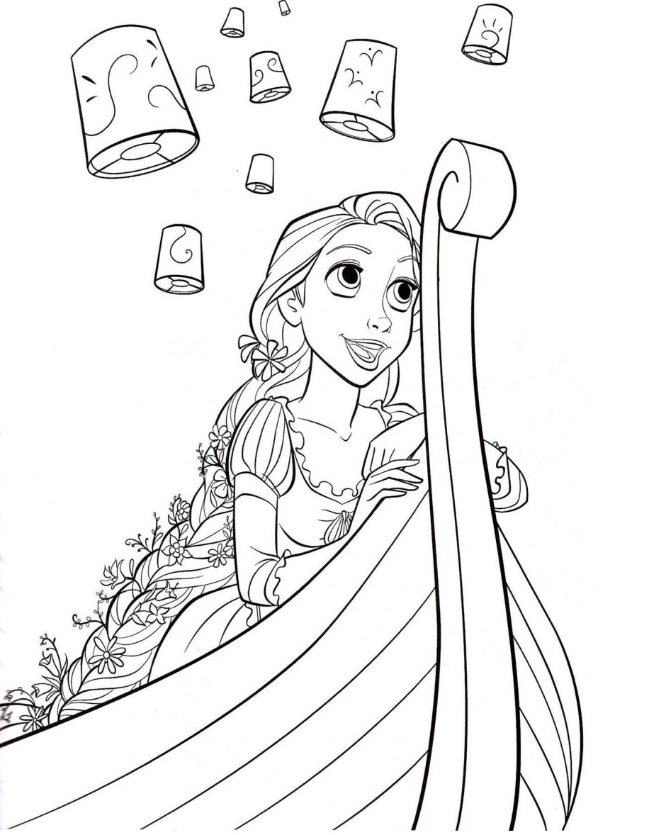 Desenho Princesa Rapunzel no Barco com Lanternas para Colorir e Imprimir