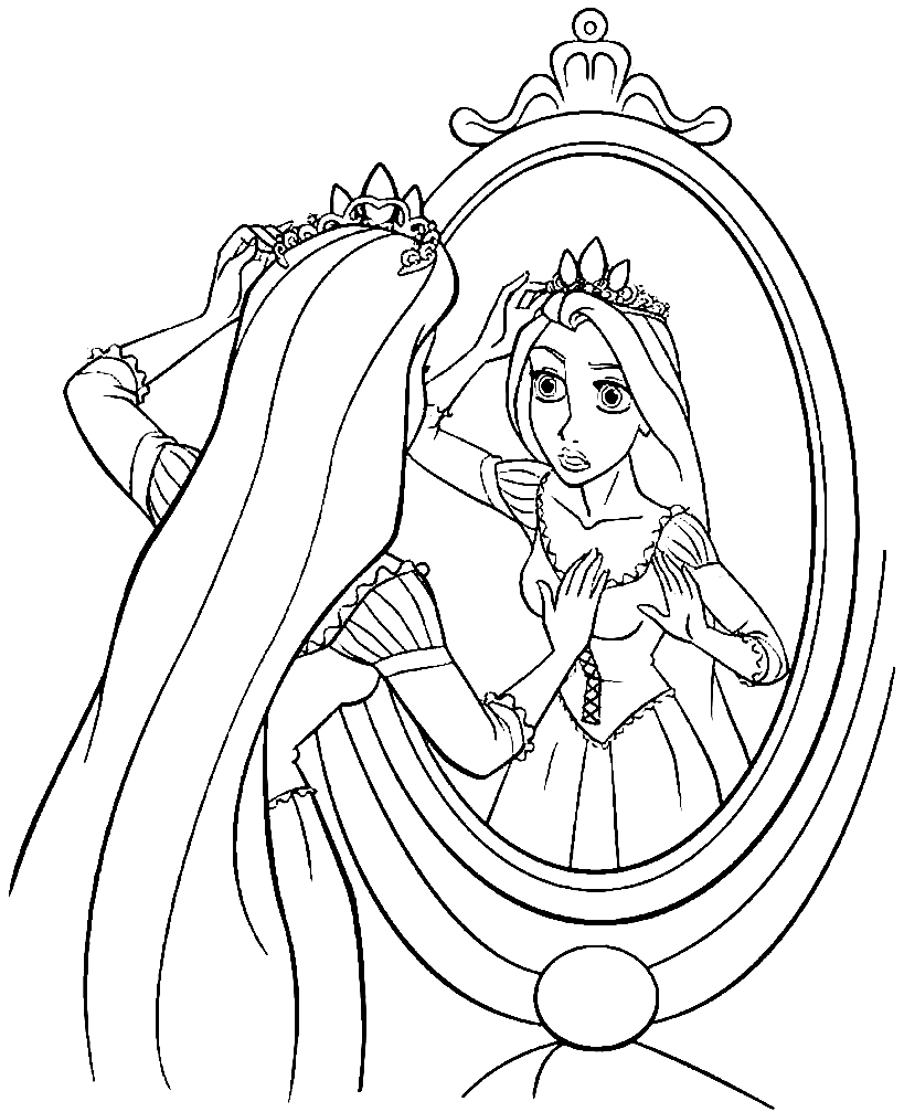 Desenho Princesa Rapunzel no Espelho para Colorir e Imprimir