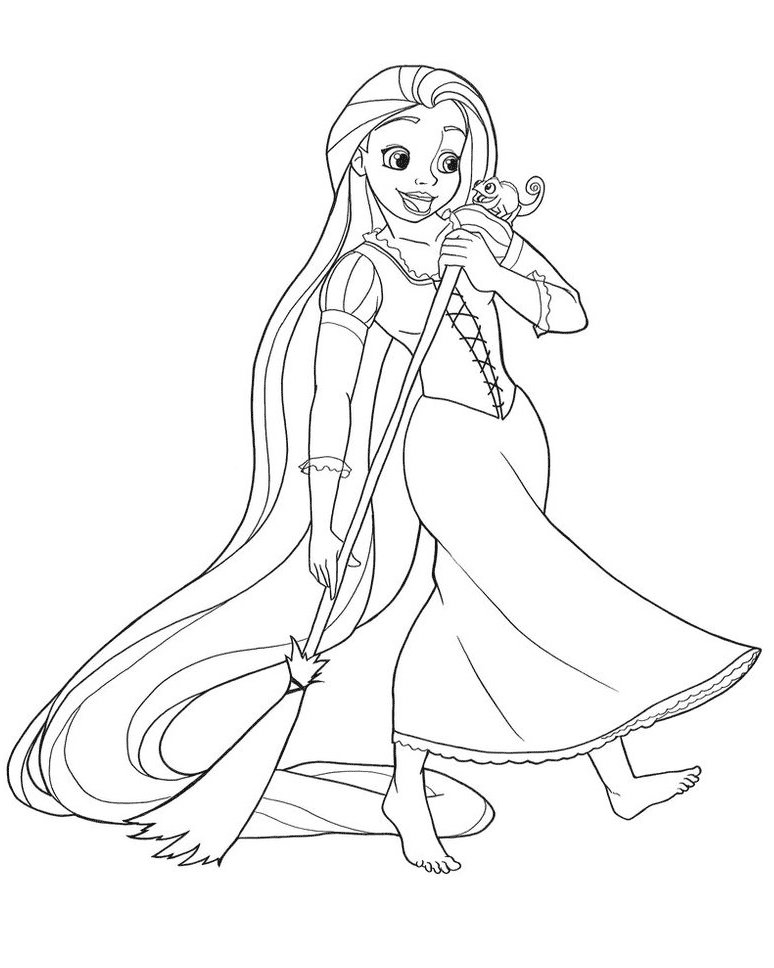Desenho Princesa Rapunzel Varrendo para Colorir e Imprimir