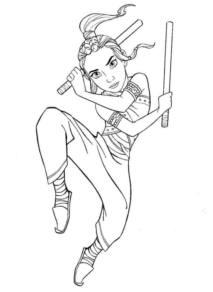 Desenho Princesa Raya Pulando com Espada para Colorir e Imprimir