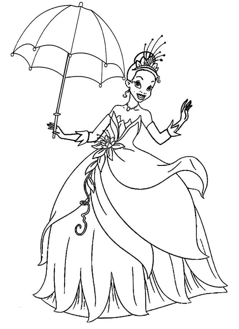 Desenho Princesa Tiana com guardá Chuva para Colorir e Imprimir