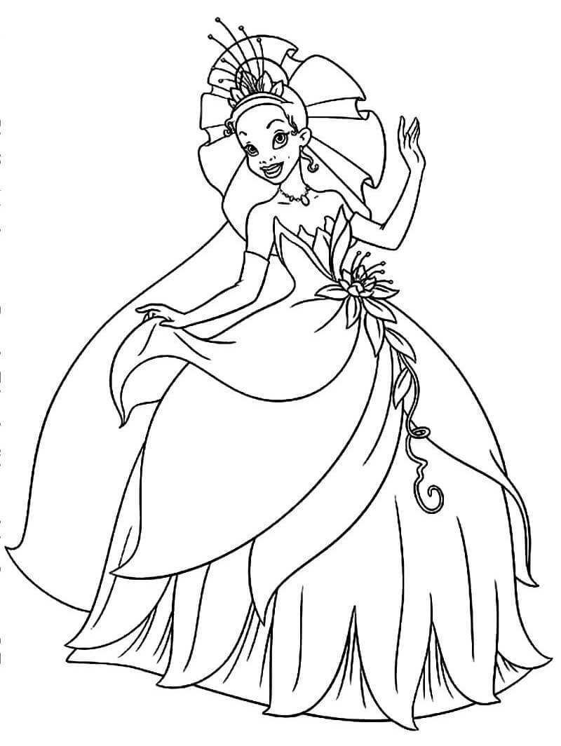 Desenho Princesa Tiana com Vestido Longo para Colorir e Imprimir