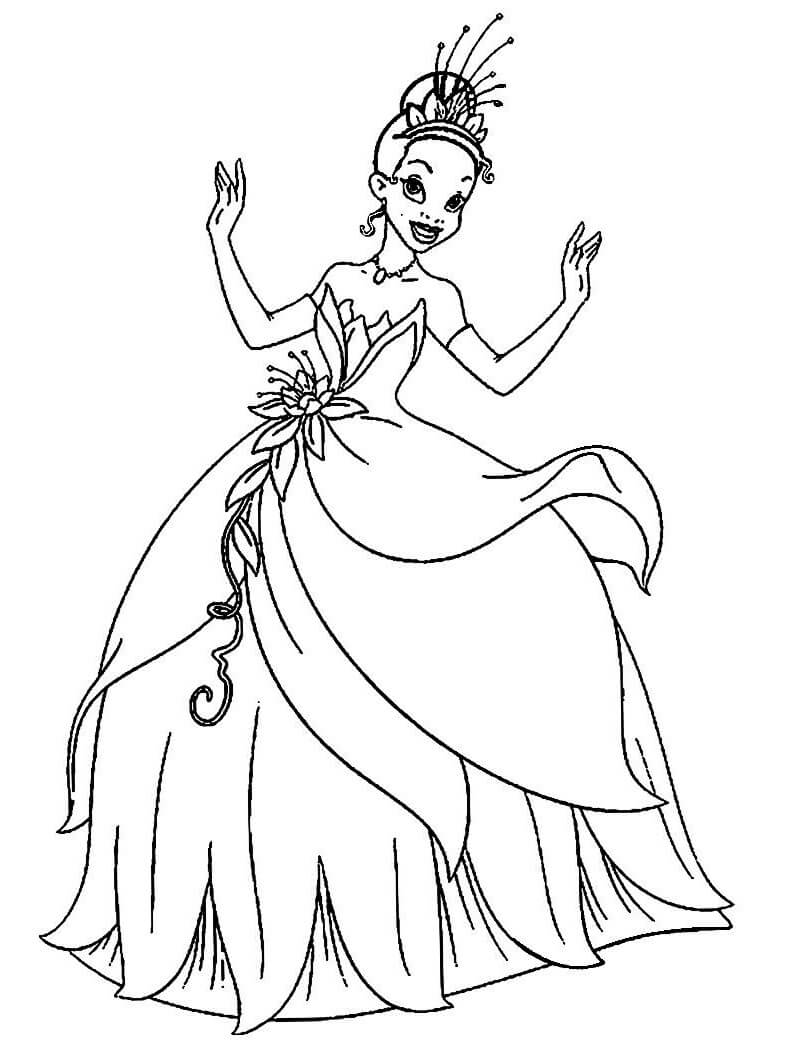 Desenho Princesa Tiana dançando para Colorir e Imprimir