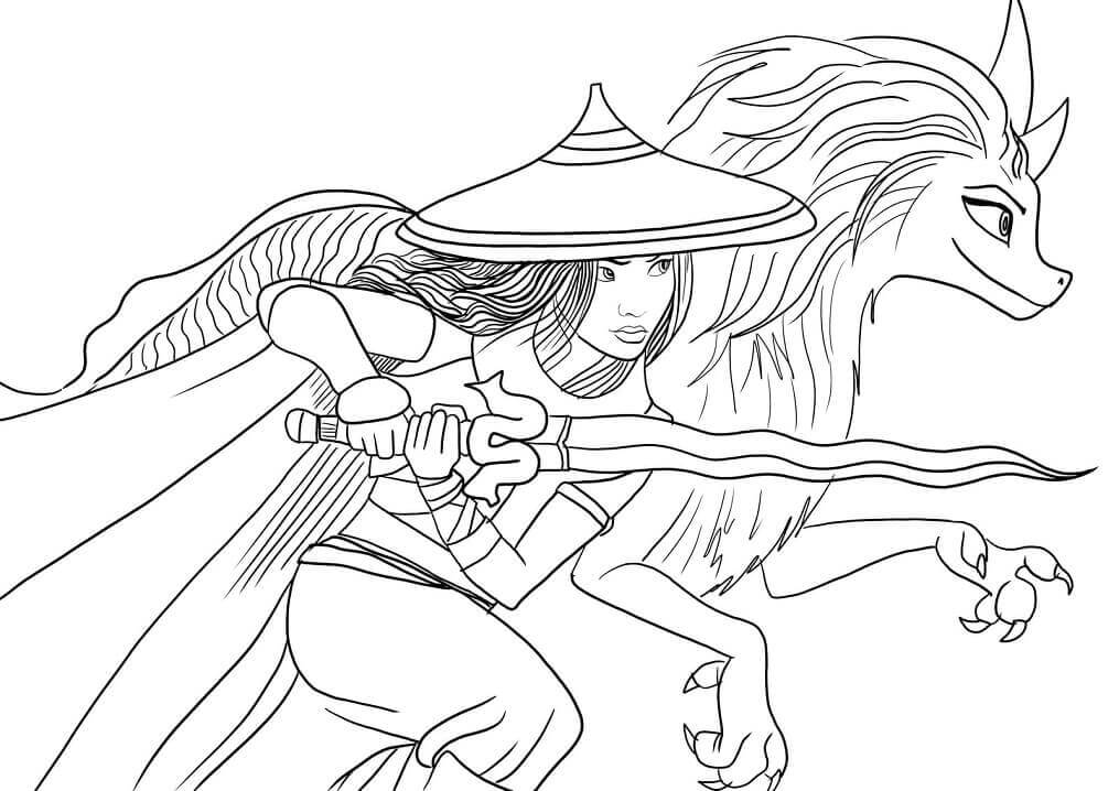 Desenho Sisu e Princesa Raya Correndo para Colorir e Imprimir