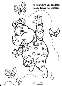 Desenho do Quindim Brincando no Jardim com Borboletas para Colorir