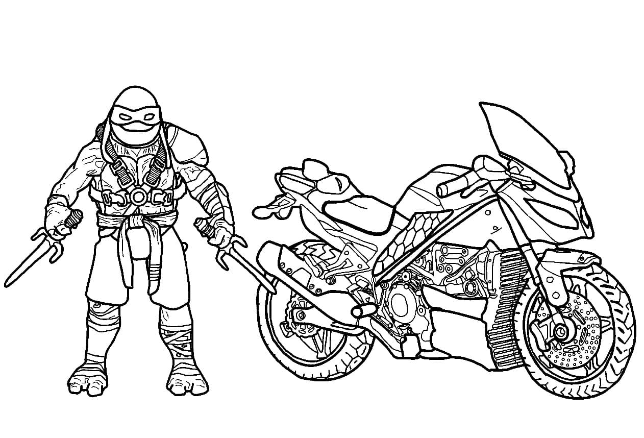 Desenho de Tartarugas Ninja Raphael e Moto para Colorir