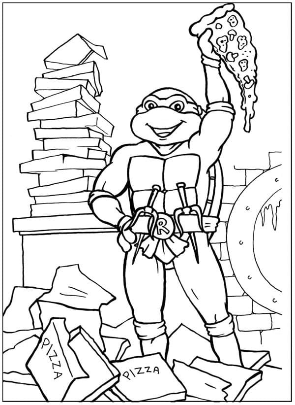 Desenho de Tartarugas Ninja Raphael e Pizza para Colorir