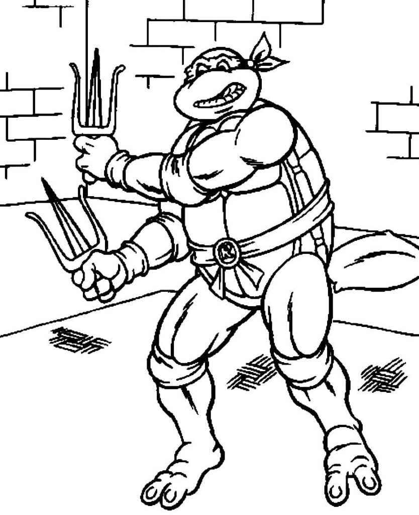 Desenho de Tartarugas Ninja Raphael Lutando para Colorir