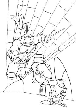Desenho de Tartarugas Ninja Raphael Vs robô para Colorir