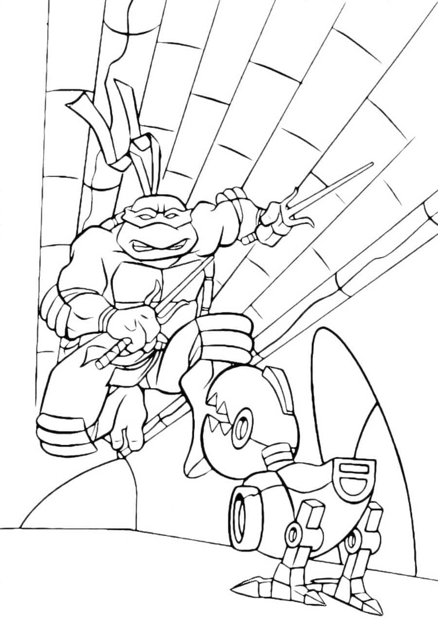 Desenho de Tartarugas Ninja Raphael Vs Robô para Colorir