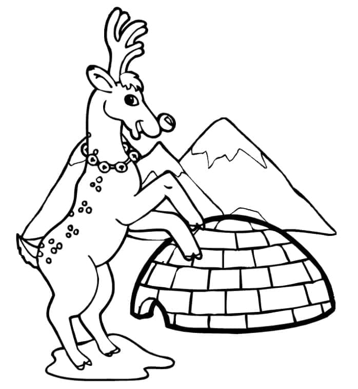 Desenho de Rena e Iglu de Natal para Colorir