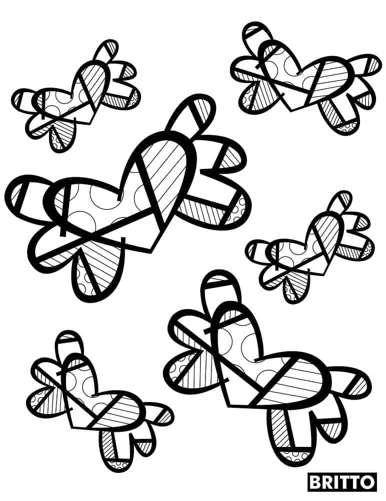 Desenhos de Romero Britto Borboleta em Formato de Coração para Colorir