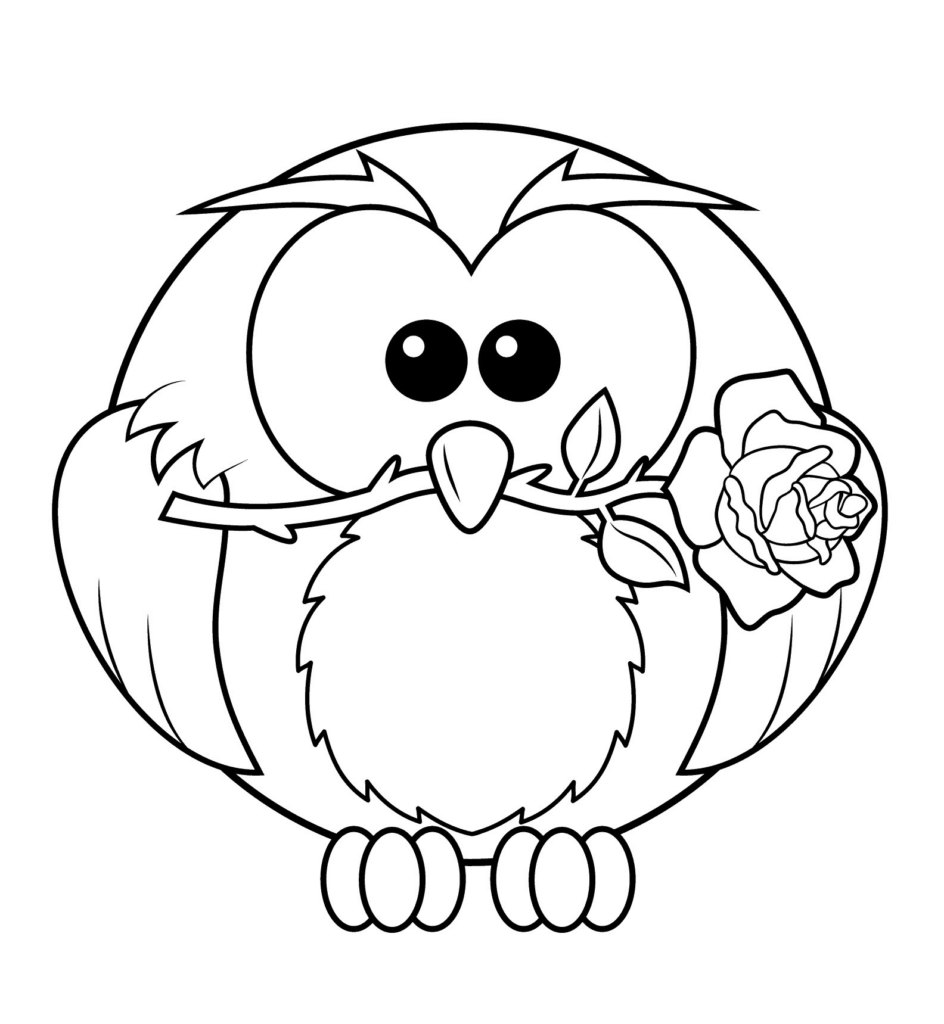Desenho de Coruja Segurando uma Linda Rosa no Bico para Colorir